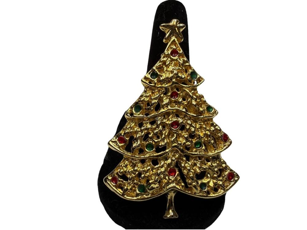 Vintage AAi Gold Tone Christmas Tree Pin Brooch Ornament Enamel Red Green 2"